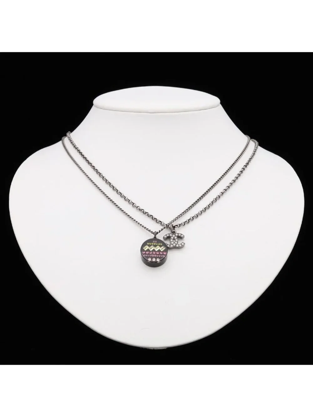 Chanel CC Logo Round Motif Double Chain Pendant Metal Rhinestone Black